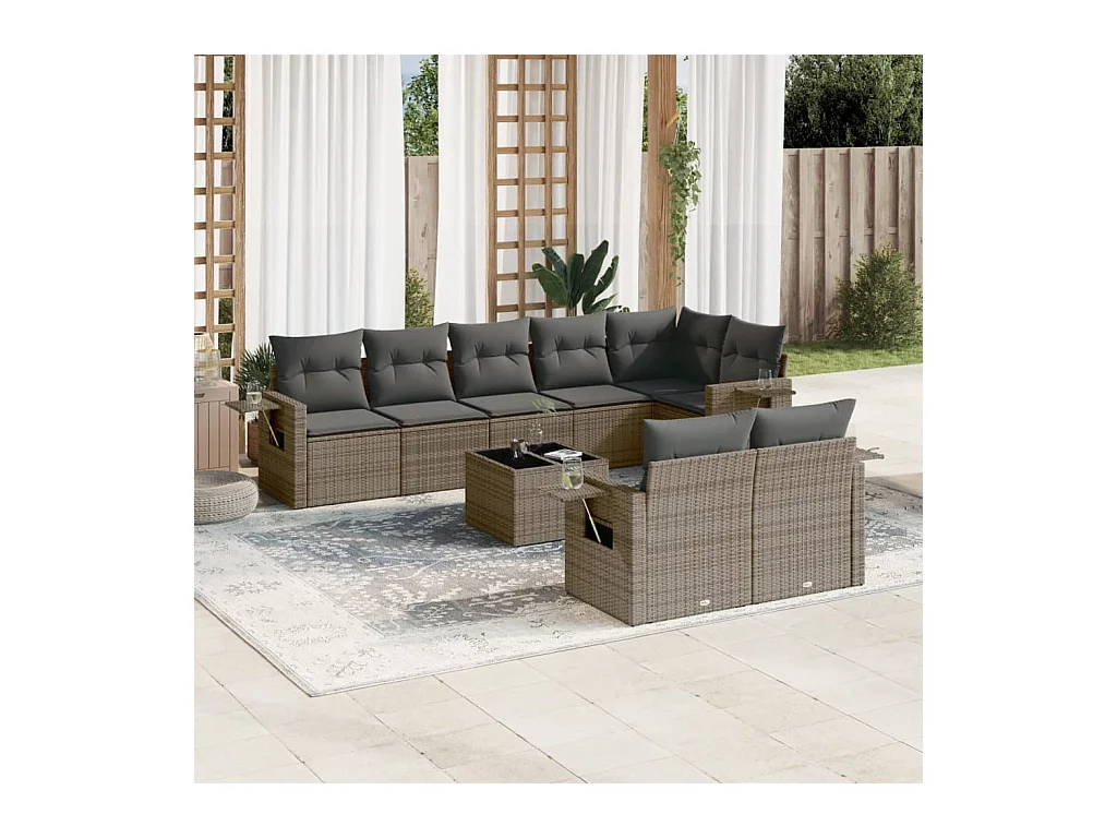Salon de jardin 9 pcs avec coussins gris résine tressée