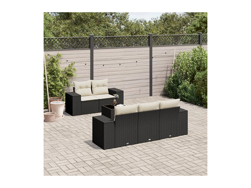 6-delige Loungeset met kussens poly rattan zwart