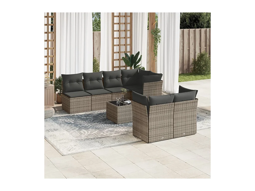 Set Divano da Giardino 8 pz con Cuscini Grigio in Polyrattan