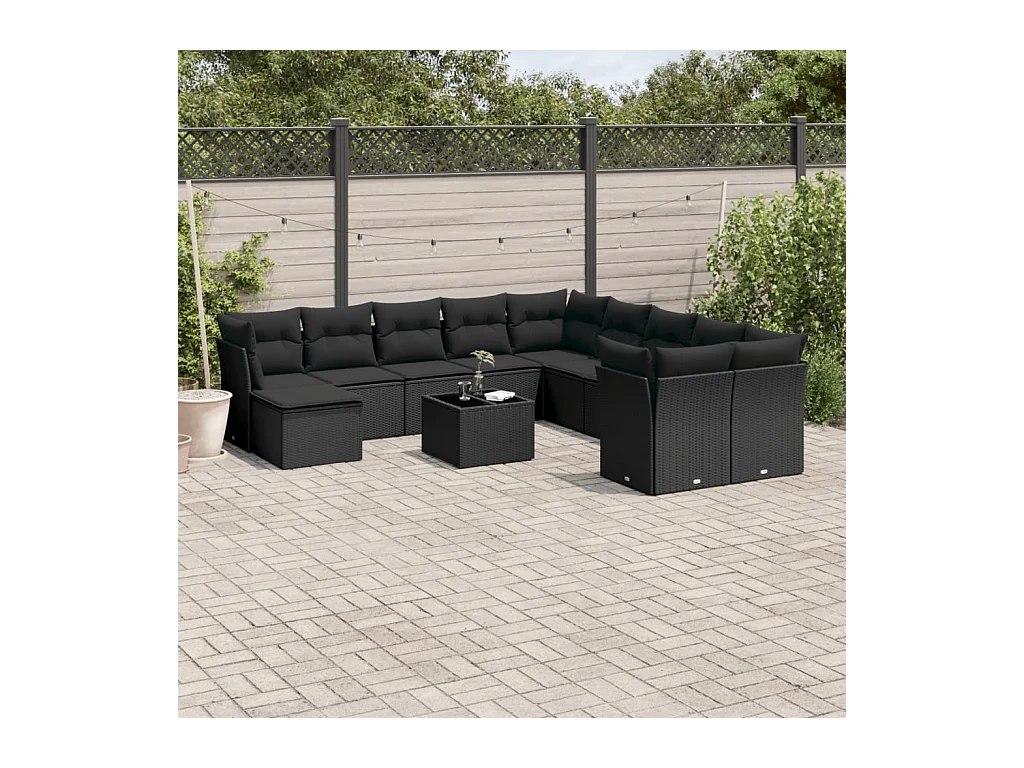 Salon de jardin 12 pcs avec coussins noir résine tressée