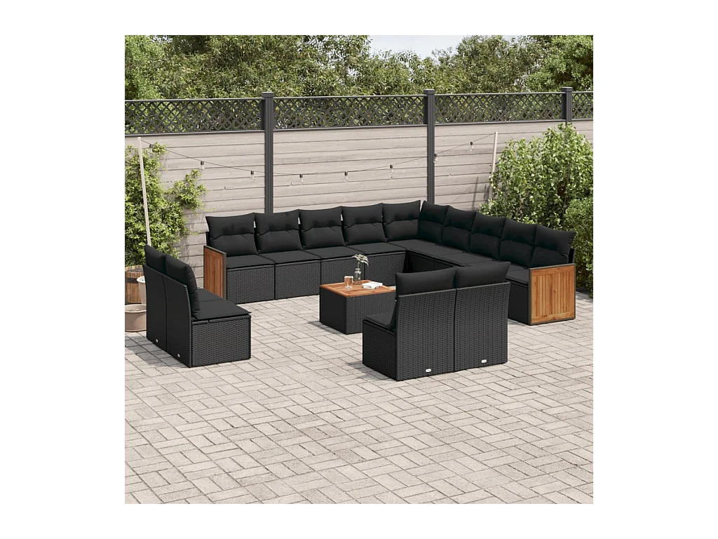 Salon de jardin avec coussins 14 pcs noir résine tressée