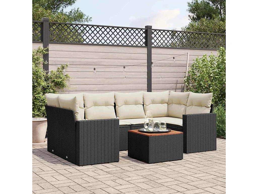 Salon de jardin 7 pcs avec coussins noir résine tressée