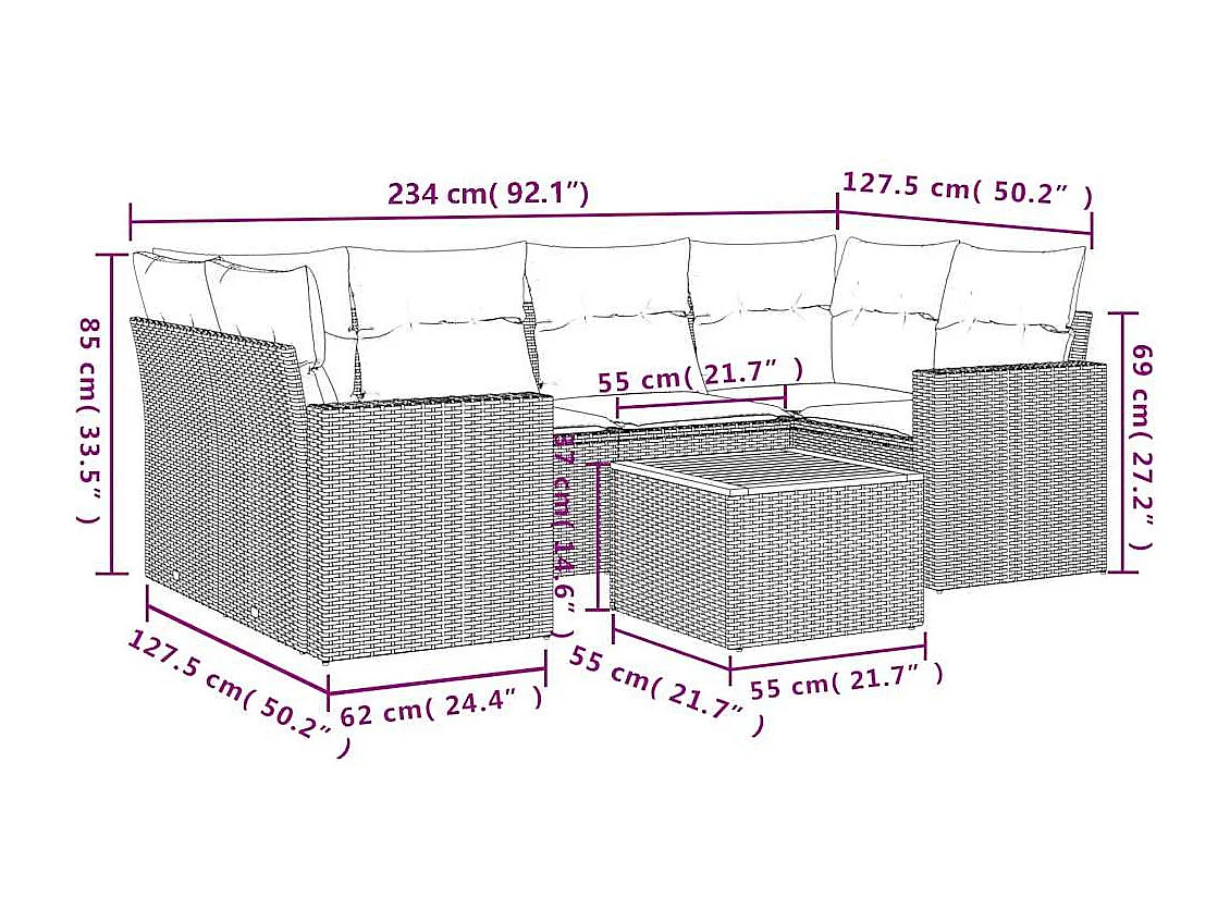 Salon de jardin 7 pcs avec coussins noir résine tressée