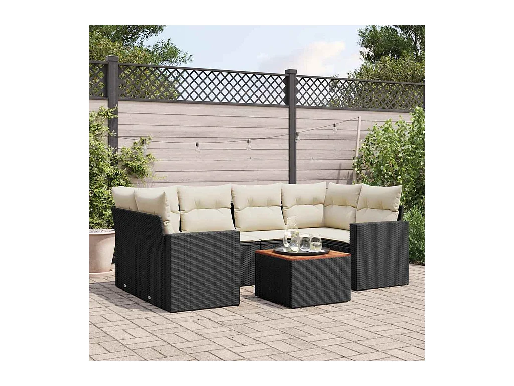 Set de comedor de jardín 7 pzas y cojines ratán sintético negro
