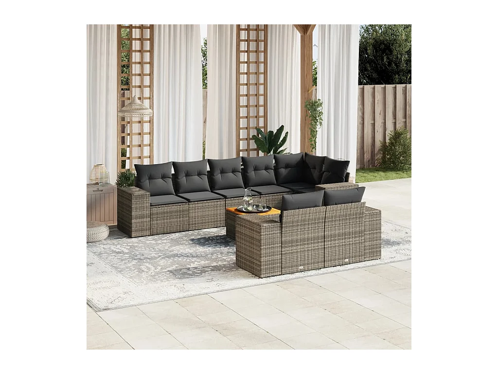 9-delige Loungeset met kussens poly rattan grijs