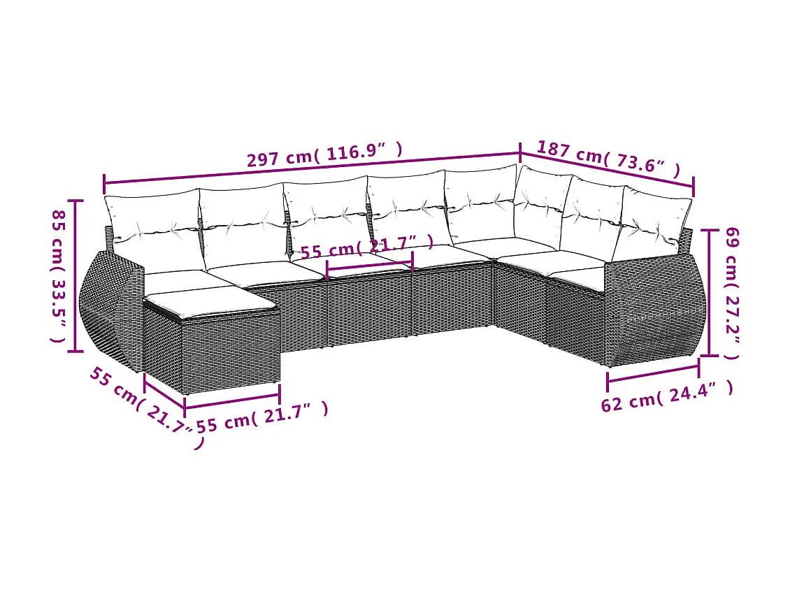 8 pcs conjunto sofás de jardim com almofadões vime PE preto