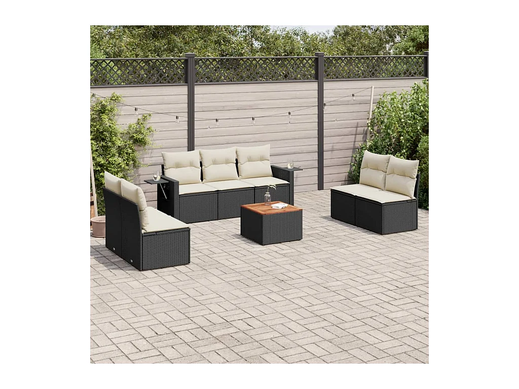 Salon de jardin 8 pcs avec coussins noir résine tressée