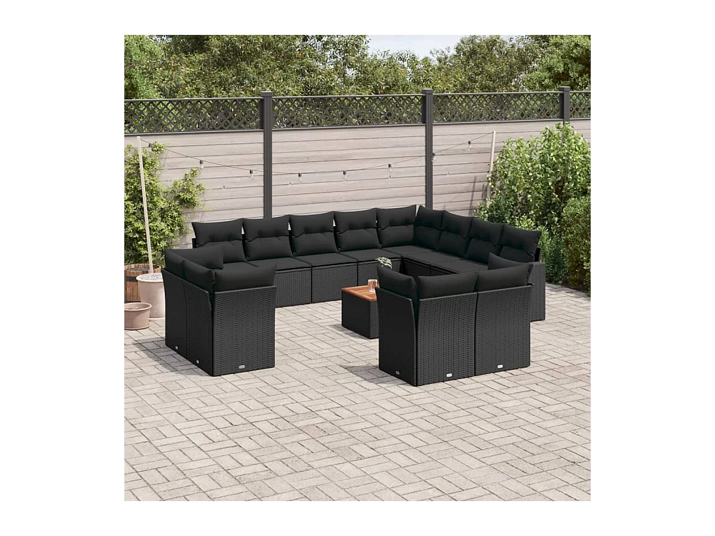 Salon de jardin avec coussins 13 pcs noir résine tressée