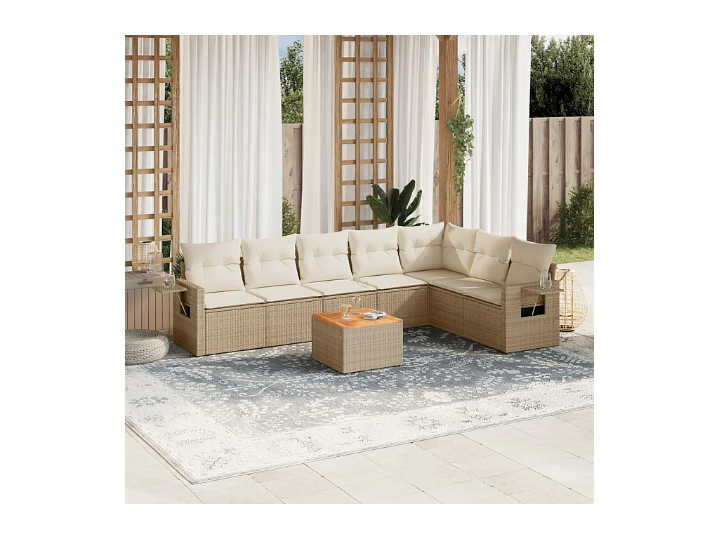 Set Divano da Giardino 8 pz con Cuscini Beige in Polyrattan
