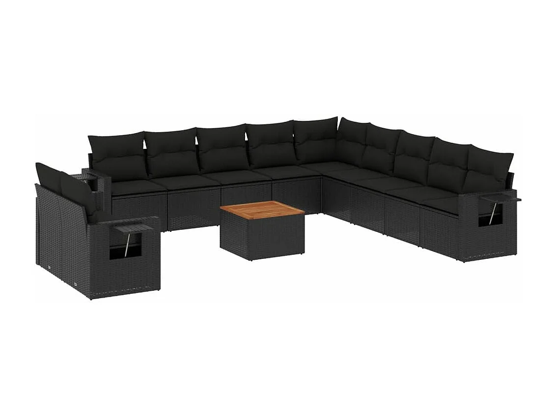 12-delige Loungeset met kussens poly rattan zwart