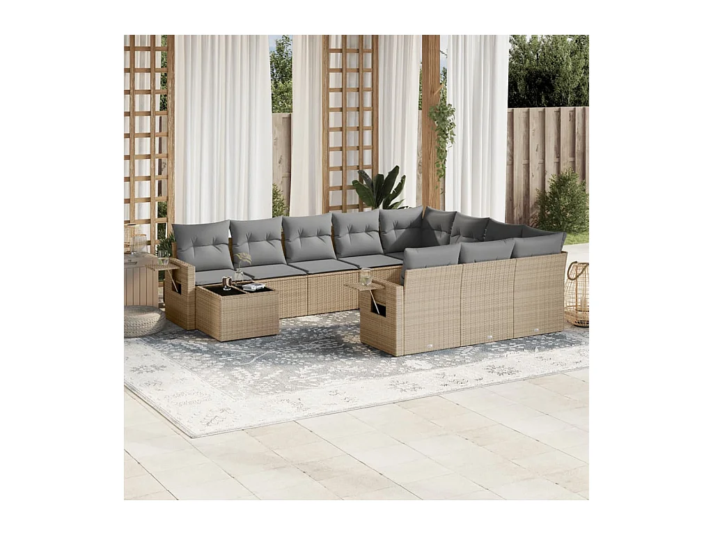 11-tlg. Garten-Sofagarnitur mit Kissen Beige Poly Rattan