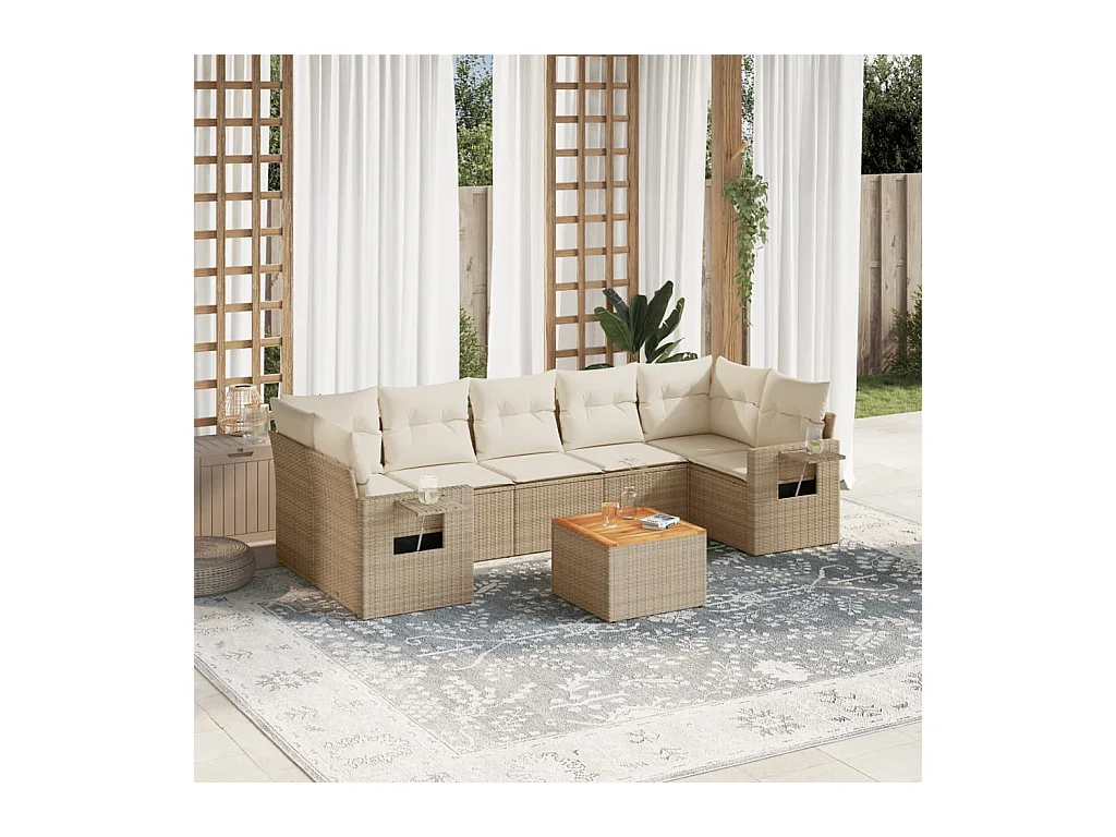 8-delige Loungeset met kussens poly rattan beige