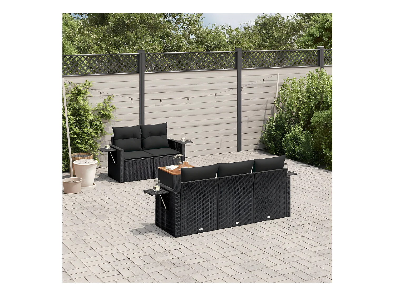6-delige Loungeset met kussens poly rattan zwart