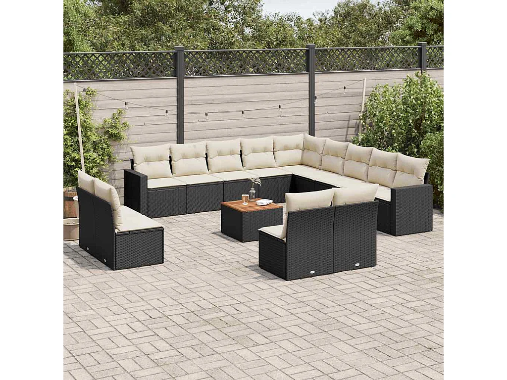 Salon de jardin avec coussins 14 pcs noir résine tressée