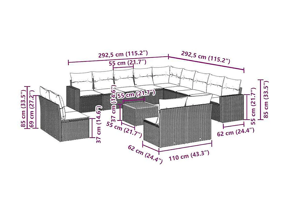 14 pcs conjunto de sofás p/ jardim c/ almofadões vime PE preto