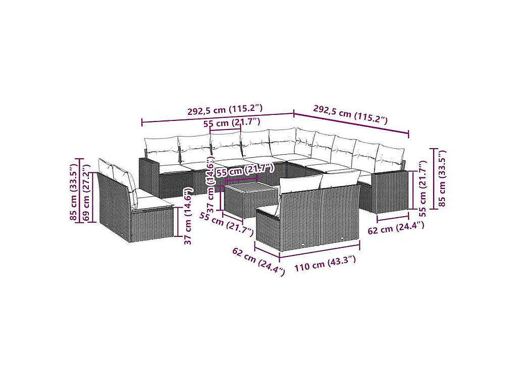 14-delige Loungeset met kussens poly rattan zwart