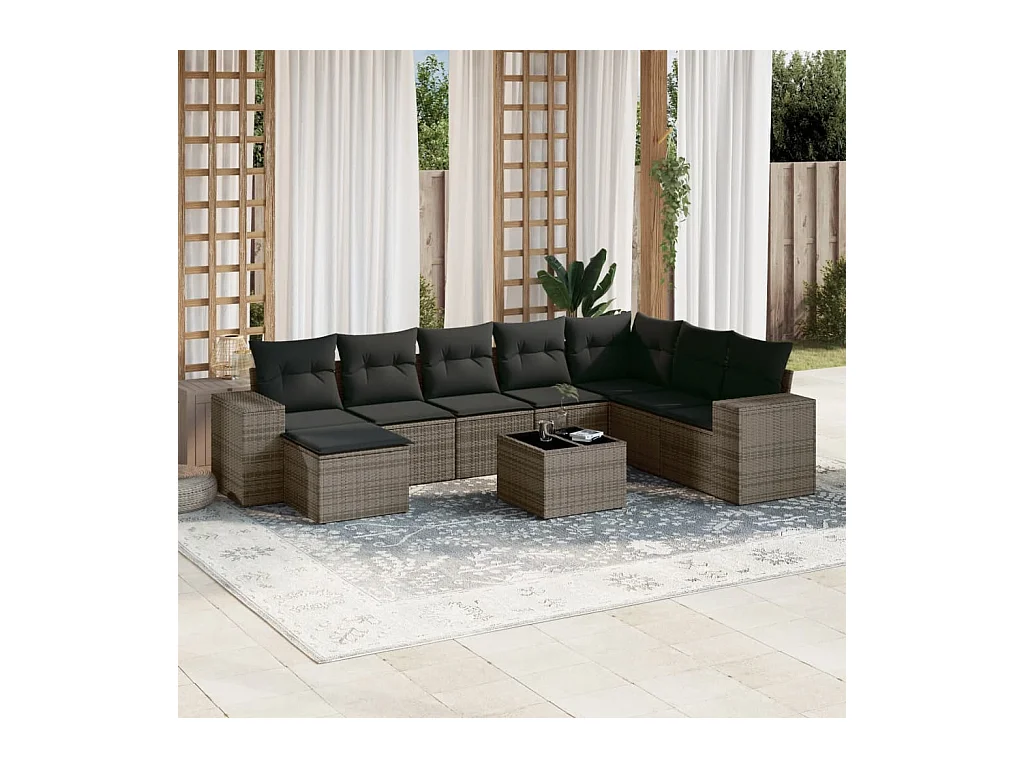 9-delige Loungeset met kussens poly rattan grijs