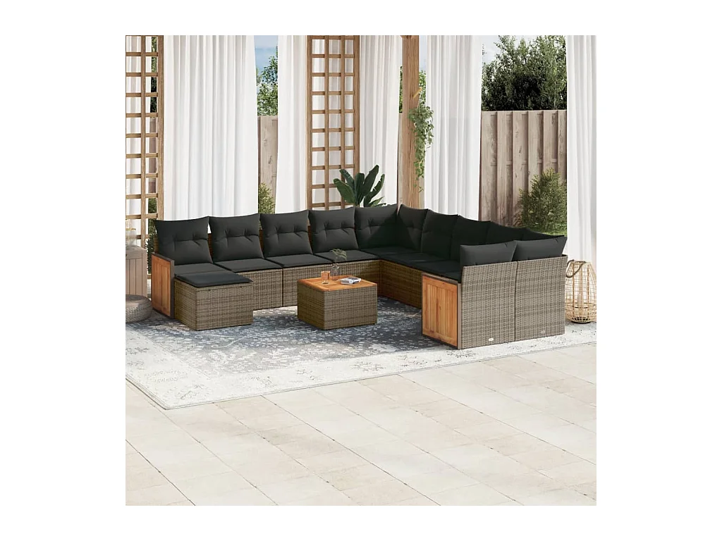 12-tlg. Garten-Sofagarnitur mit Kissen Grau Poly Rattan