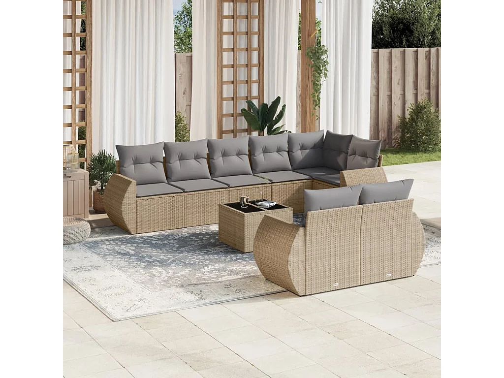 Set Divano da Giardino 9 pz con Cuscini Beige in Polyrattan