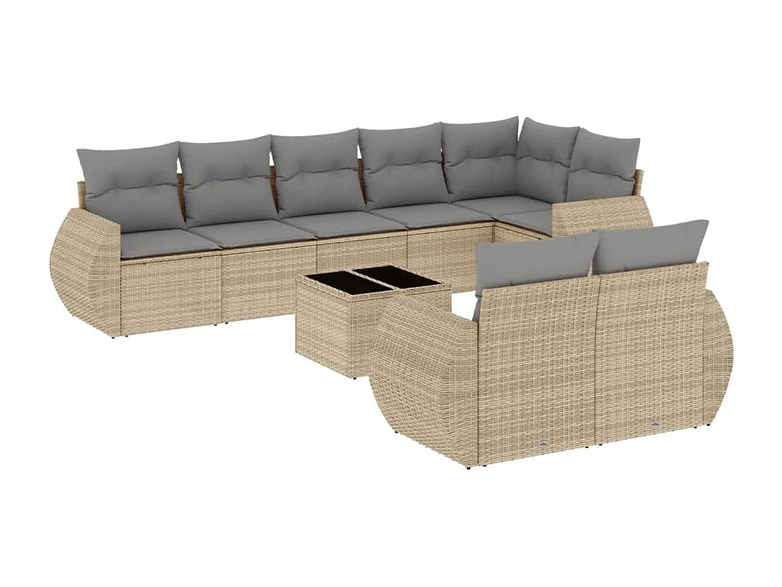 Set Divano da Giardino 9 pz con Cuscini Beige in Polyrattan