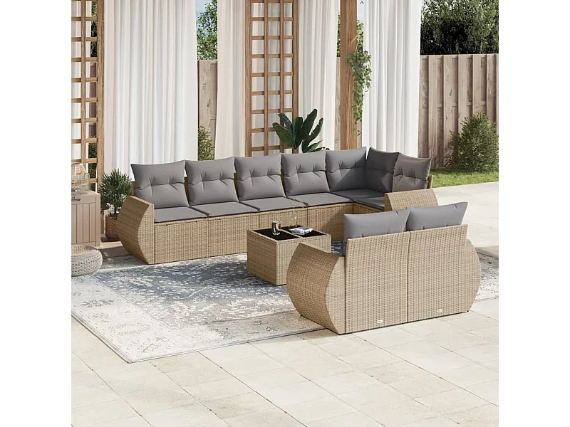Set Divano da Giardino 9 pz con Cuscini Beige in Polyrattan