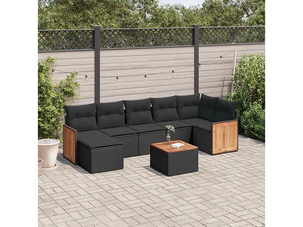 8-delige Loungeset met kussens poly rattan zwart