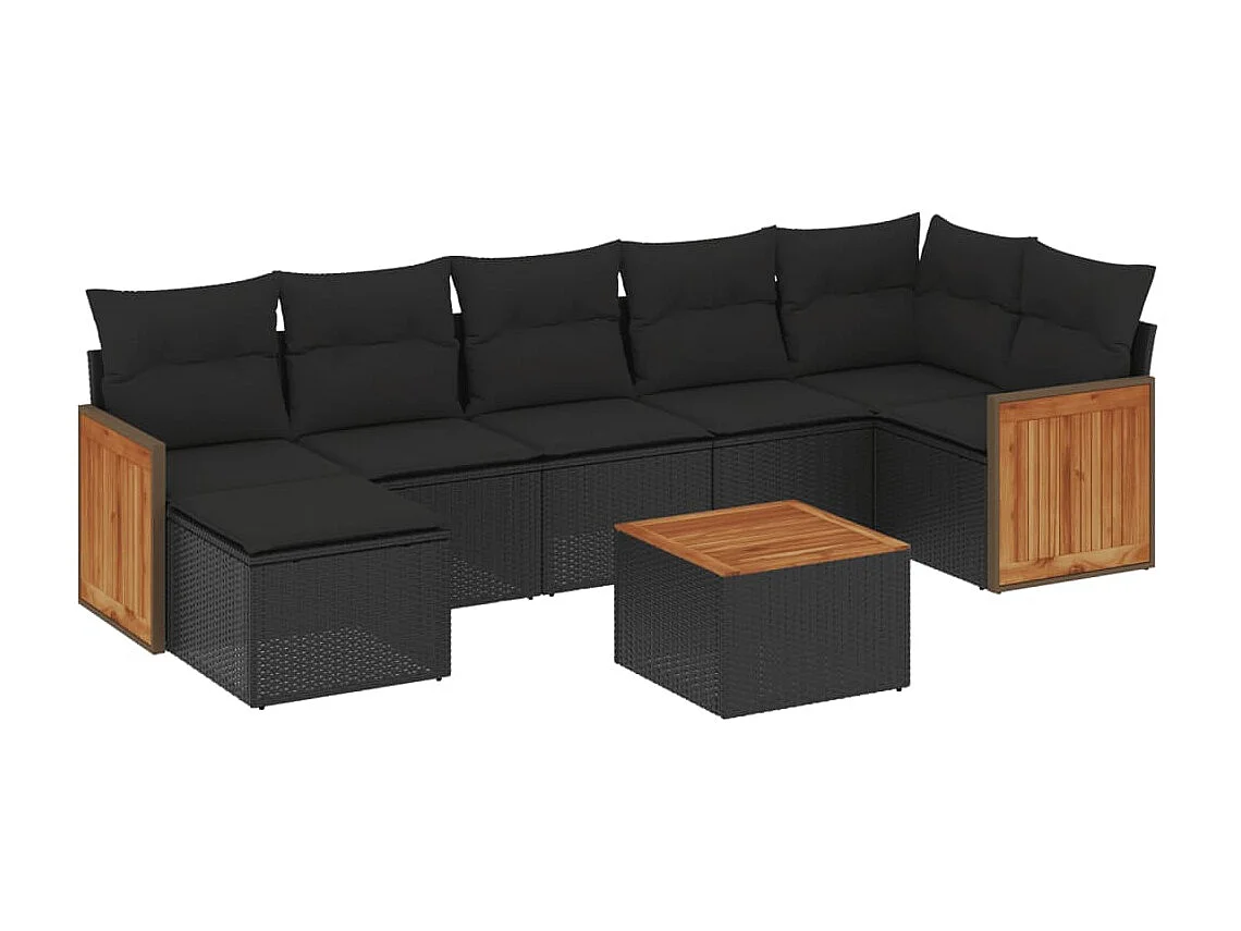 8-delige Loungeset met kussens poly rattan zwart
