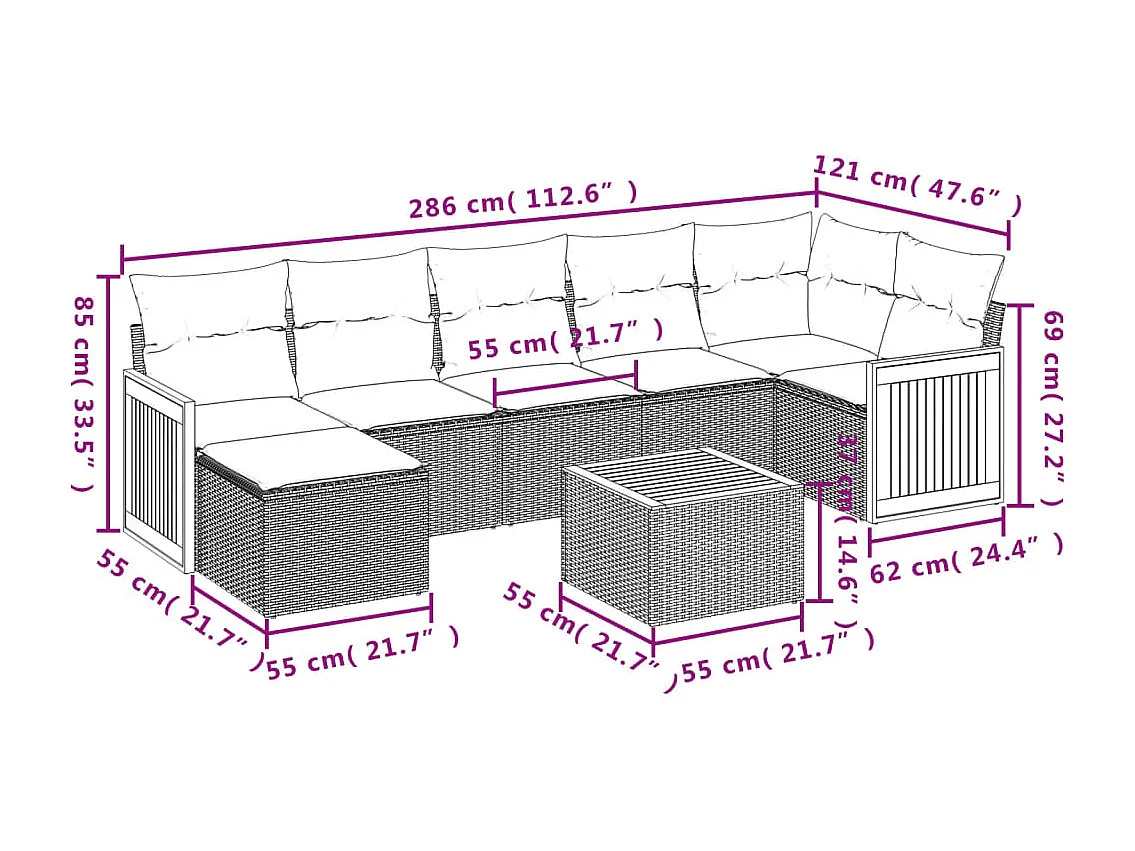 8-delige Loungeset met kussens poly rattan zwart