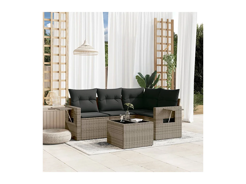 Salon de jardin 5 pcs avec coussins gris résine tressée