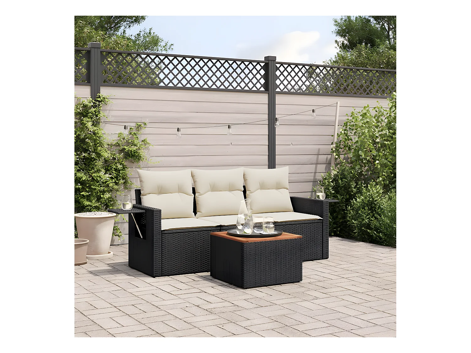 Salon de jardin 4 pcs avec coussins noir résine tressée