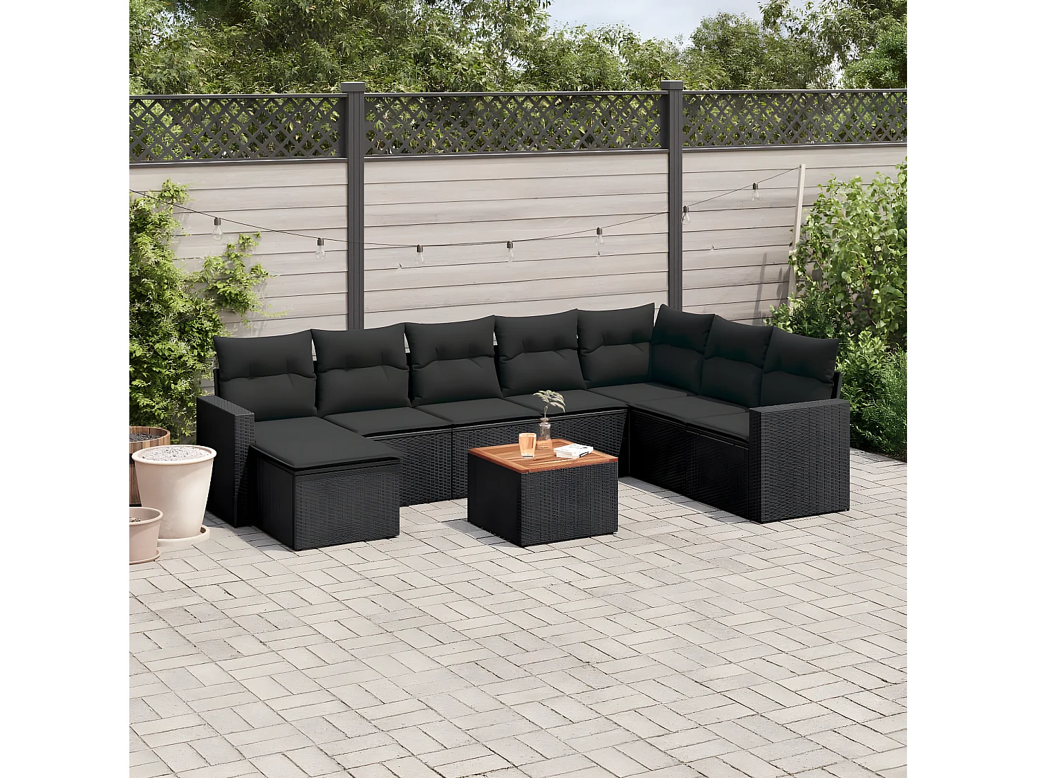 Salon de jardin 9 pcs avec coussins noir résine tressée