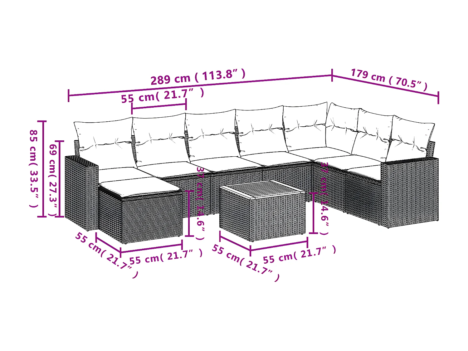 Salon de jardin 9 pcs avec coussins noir résine tressée