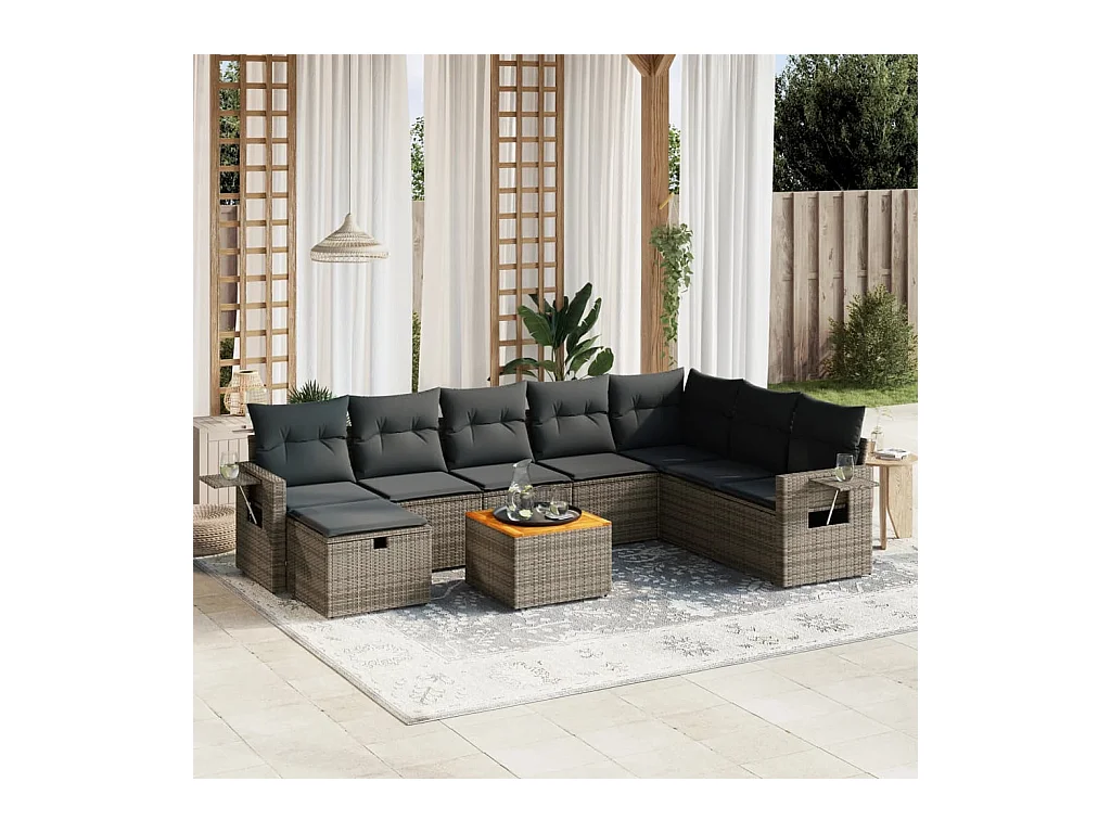 9-delige Loungeset met kussens poly rattan grijs