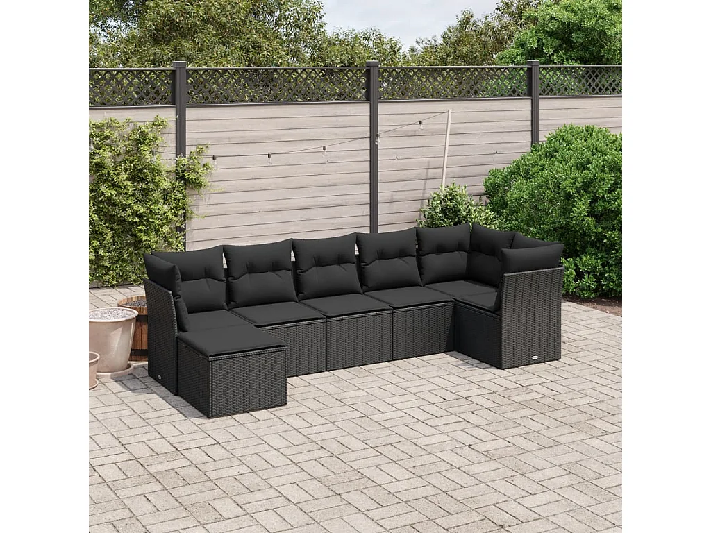 Salon de jardin 7 pcs avec coussins noir résine tressée