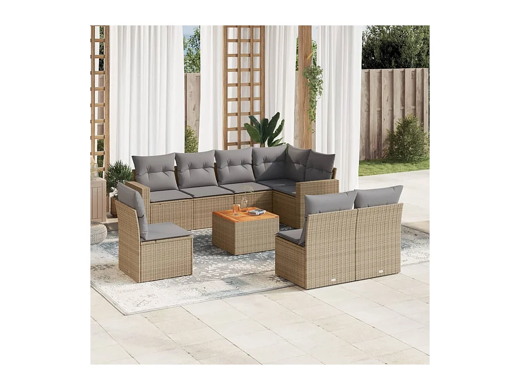 Set Divano da Giardino 9 pz con Cuscini Beige Misto Polyrattan
