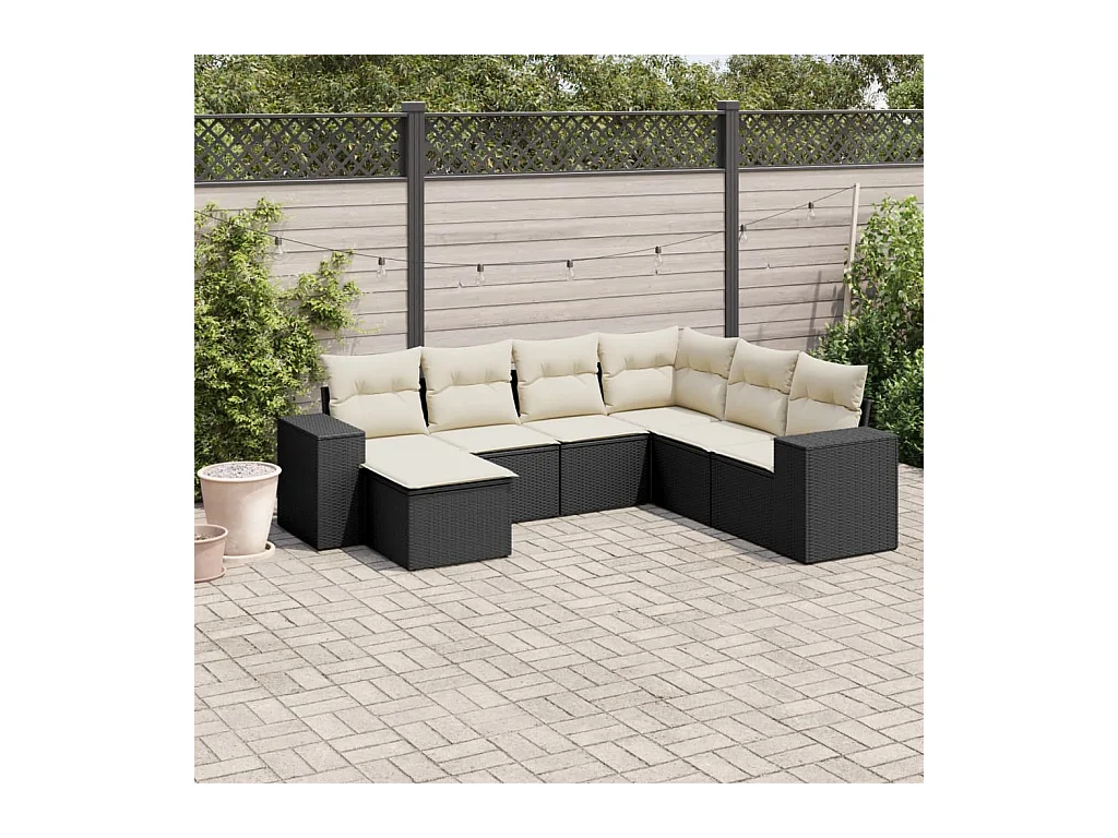 Salon de jardin 7 pcs avec coussins noir résine tressée