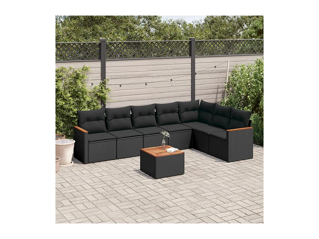Salon de jardin 8 pcs avec coussins noir résine tressée