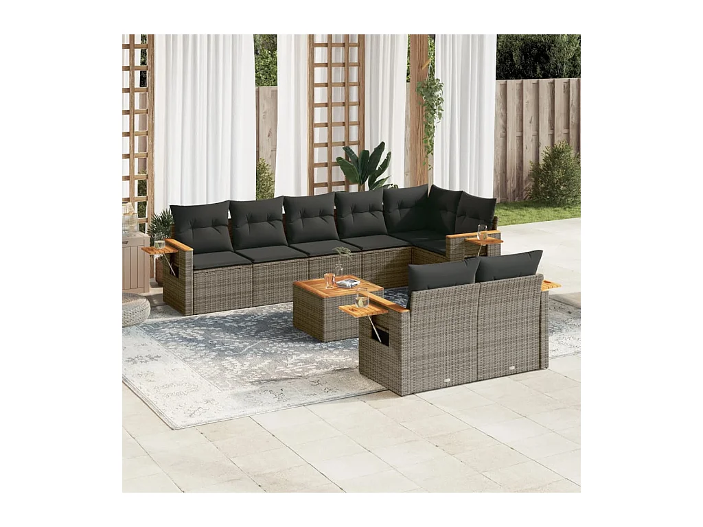 Salon de jardin 9 pcs avec coussins gris résine tressée