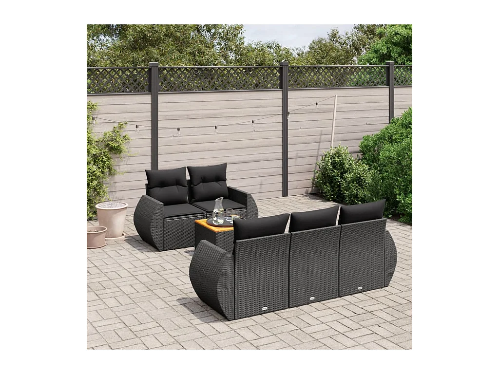 Salon de jardin 6 pcs avec coussins noir résine tressée