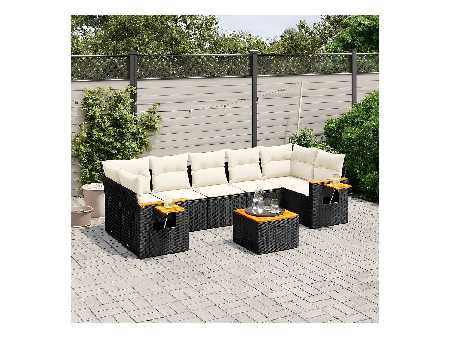 8-delige Loungeset met kussens poly rattan zwart