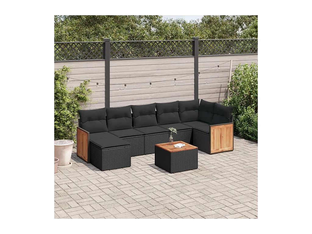 Salon de jardin 8 pcs avec coussins noir résine tressée