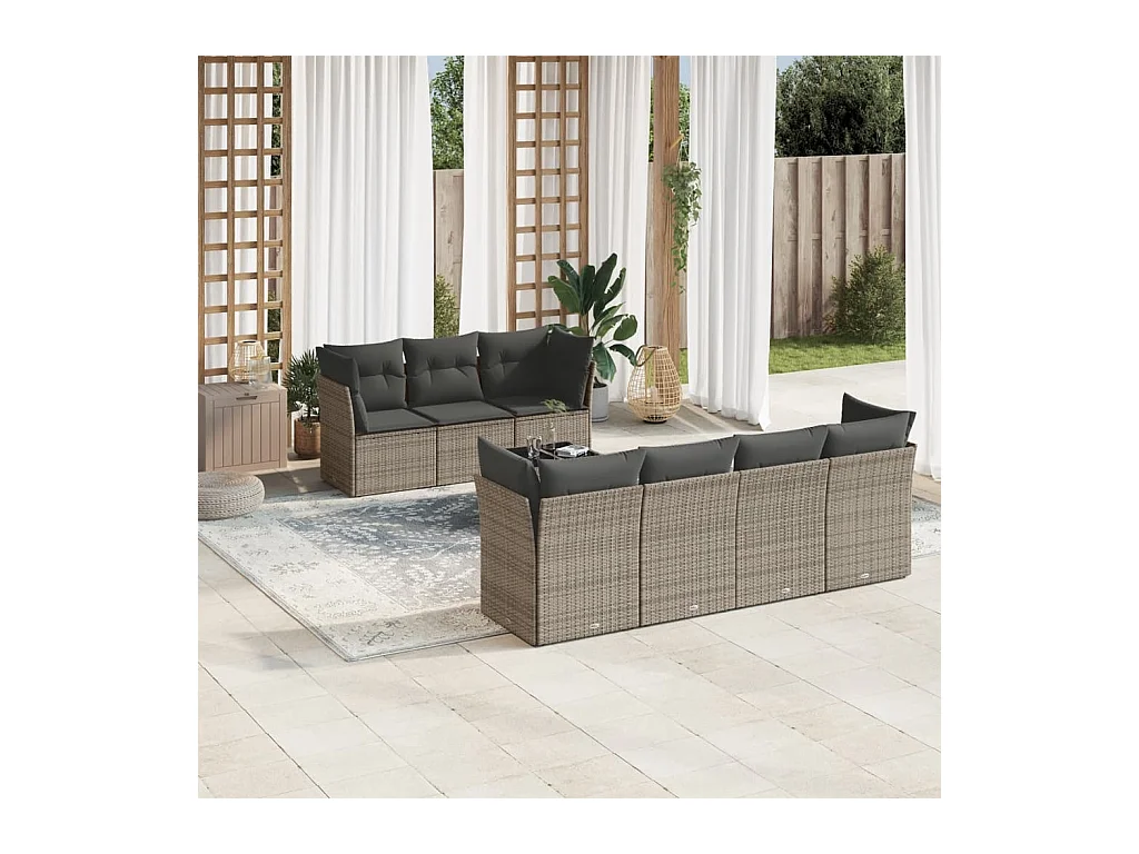 Set de sofás de jardín 8 pzas y cojines ratán sintético gris