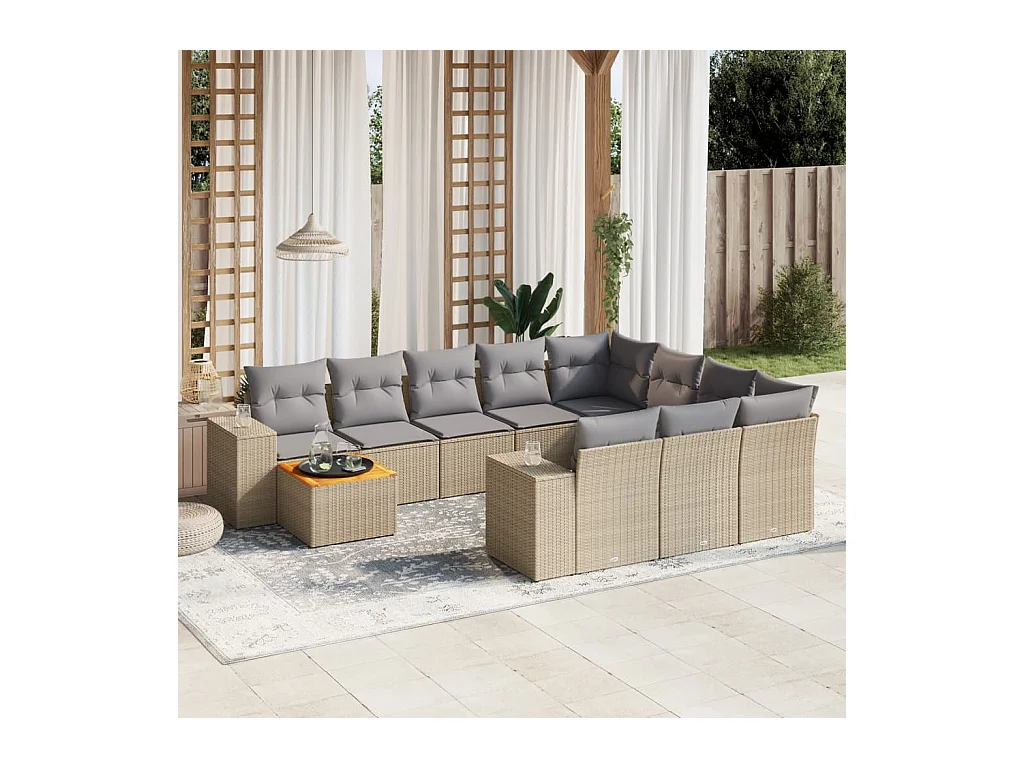 Salon de jardin 11 pcs avec coussins beige résine tressée