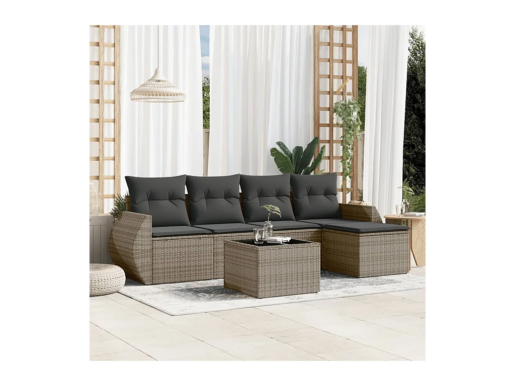 Salon de jardin 6 pcs avec coussins gris résine tressée