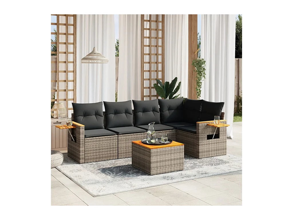 6-tlg. Garten-Sofagarnitur mit Kissen Grau Poly Rattan
