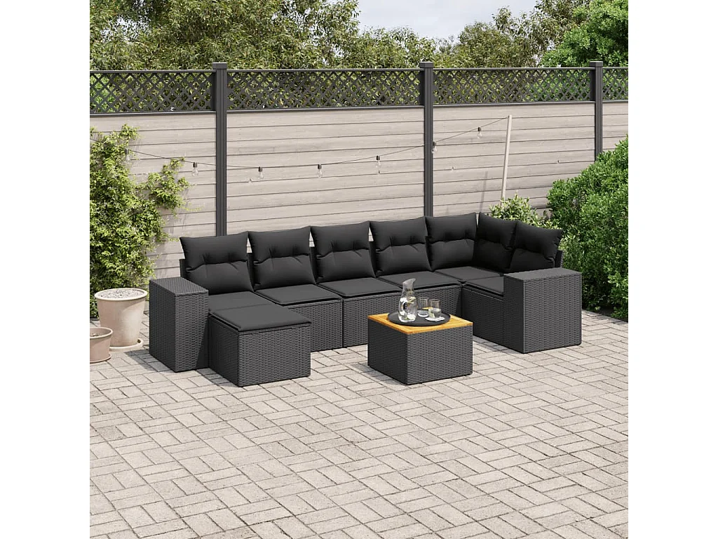 8 pcs conjunto sofás de jardim com almofadões vime PE preto