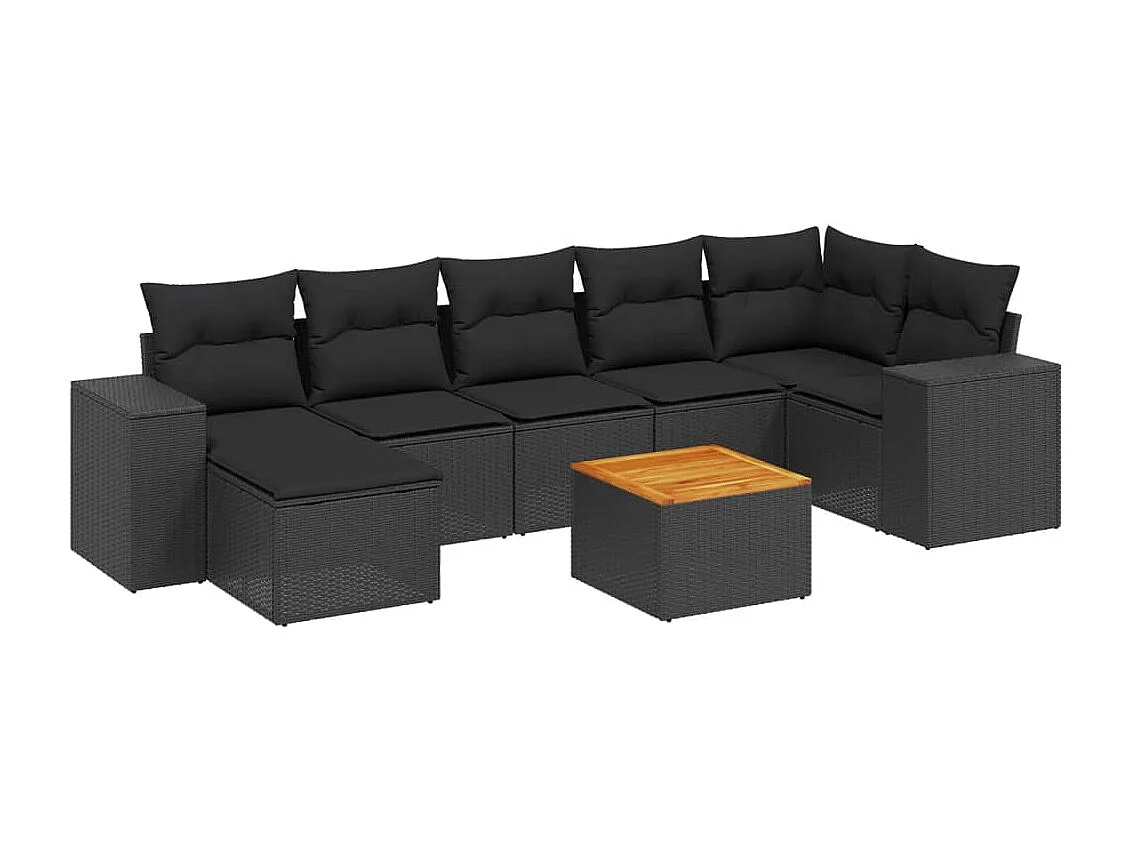 8 pcs conjunto sofás de jardim com almofadões vime PE preto