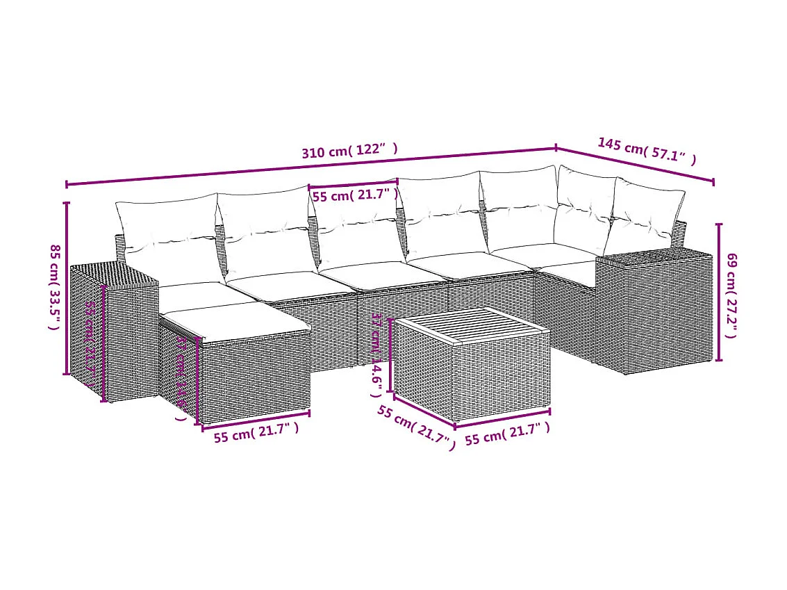 8 pcs conjunto sofás de jardim com almofadões vime PE preto