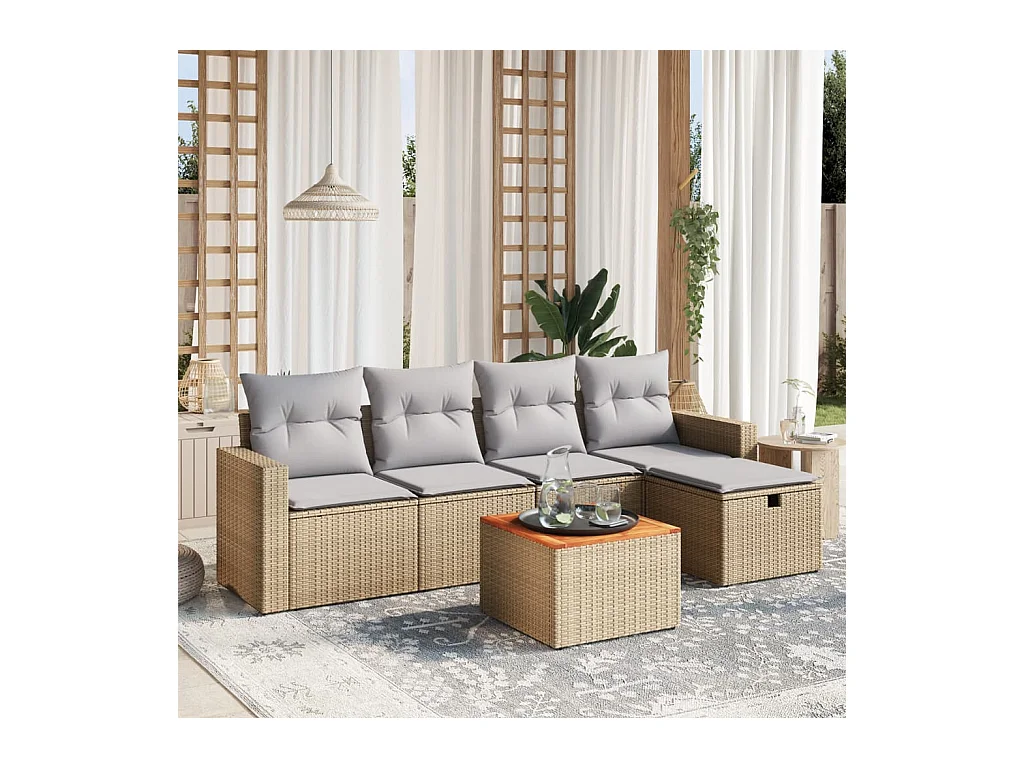 6-delige Loungeset met kussens poly rattan gemengd beige