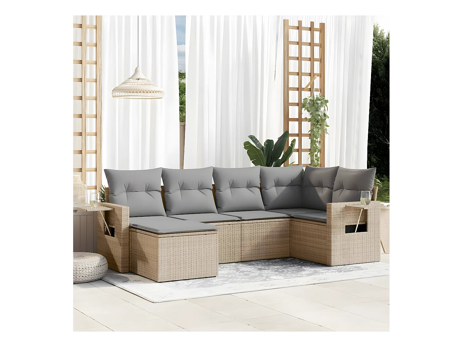 Salon de jardin avec coussins 6 pcs beige résine tressée